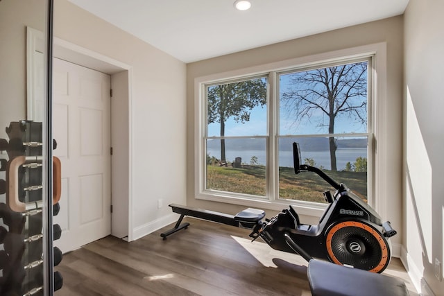 7 3rd St, Pepin, WI 54759 - exercise room with a water view, dark wood-style floors, and recessed lighting