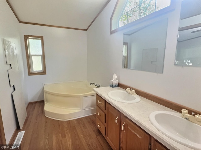 13496 Campfire Cir, South Haven, MN 55382 - full bathroom featuring wood finished floors, a garden tub, double vanity, plenty of natural light, and crown molding