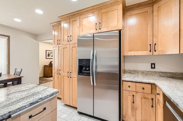 1755 Ranier Ln N, Plymouth, MN 55447 - kitchen featuring stainless steel fridge, light brown cabinets, recessed lighting, and light stone countertops