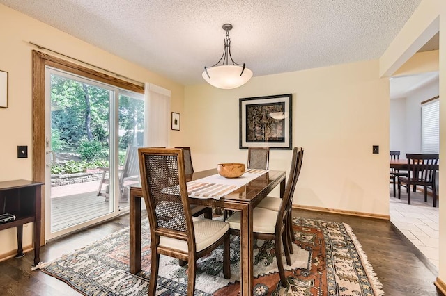 1755 Ranier Ln N, Plymouth, MN 55447 - dining room with healthy amount of natural light, a textured ceiling, and dark wood-type flooring