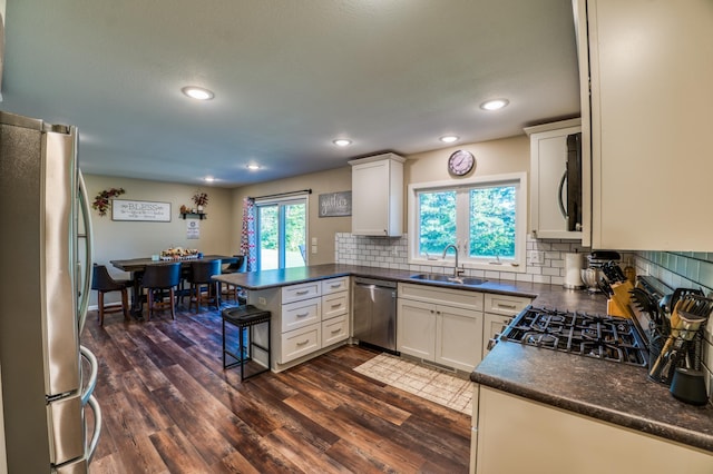 329 Kelliher Rd SW, Kelliher, MN 56650 - kitchen featuring stainless steel appliances, dark countertops, a peninsula, dark wood-style floors, and backsplash