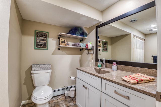 329 Kelliher Rd SW, Kelliher, MN 56650 - full bath with a baseboard heating unit, vanity, stone finish floors, and curtained shower