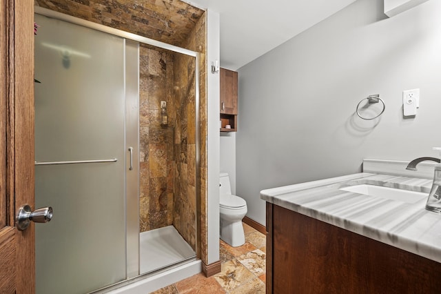 8544 Demontreville Trl N, Lake Elmo, MN 55042 - full bathroom with vanity, a stall shower, and stone tile flooring