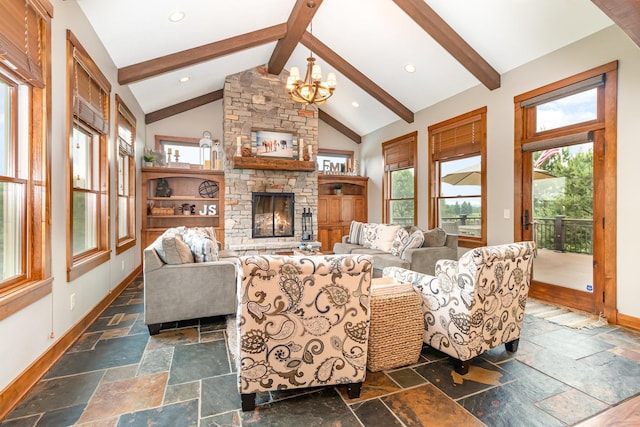 19270 Foxfield Dr, Credit River Twp, MN 55372 - living room with stone tile floors, a chandelier, beam ceiling, a stone fireplace, and recessed lighting