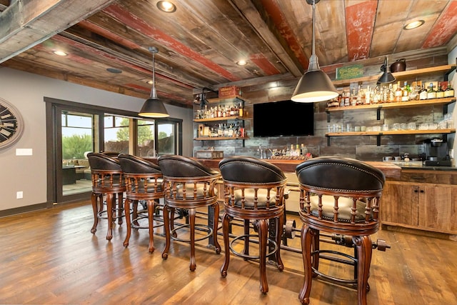 19270 Foxfield Dr, Credit River Twp, MN 55372 - indoor wet bar with wood-type flooring, a wood ceiling with exposed beams, recessed lighting, and pendant lighting