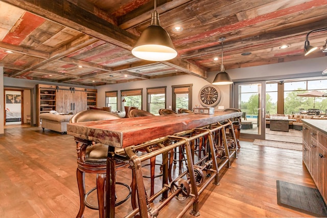 19270 Foxfield Dr, Credit River Twp, MN 55372 - bar featuring wood finished floors, a wood ceiling with exposed beams, pendant lighting, and recessed lighting