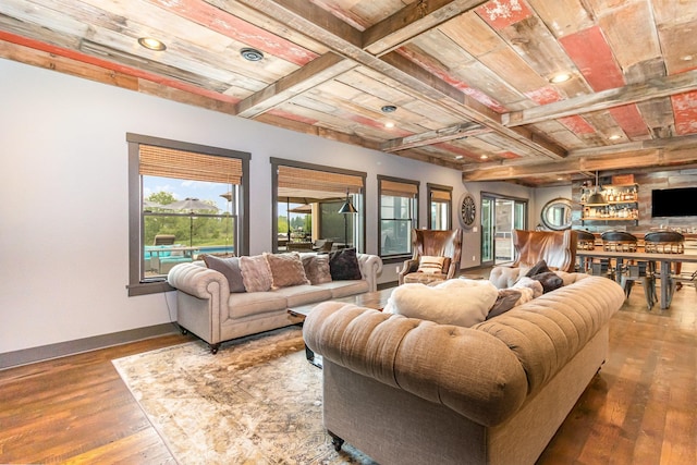 19270 Foxfield Dr, Credit River Twp, MN 55372 - living area featuring a wood ceiling with exposed beams, wood-type flooring, healthy amount of natural light, recessed lighting, and coffered ceiling