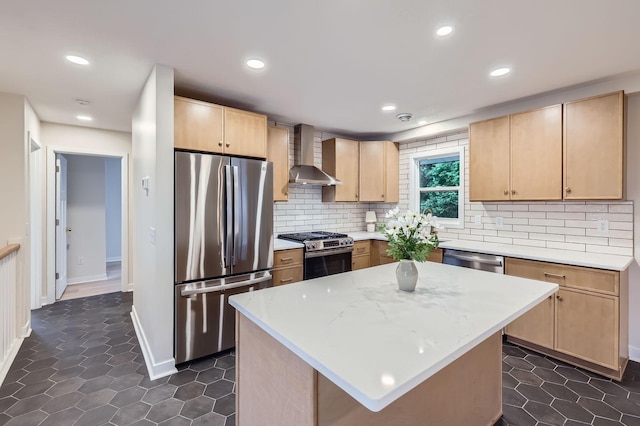 12258 Crooked Lake Blvd NW, Coon Rapids, MN 55433 - kitchen with stainless steel appliances, wall chimney exhaust hood, light brown cabinetry, recessed lighting, and tasteful backsplash