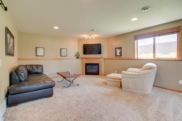 1083 Parkway Ln, West Fargo, ND 58078 - carpeted living room with a glass covered fireplace, a textured ceiling, and recessed lighting