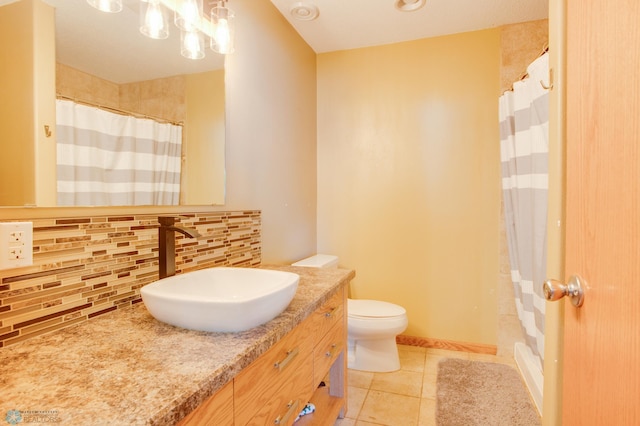 1083 Parkway Ln, West Fargo, ND 58078 - bathroom with backsplash, vanity, tile patterned floors, and a shower with curtain