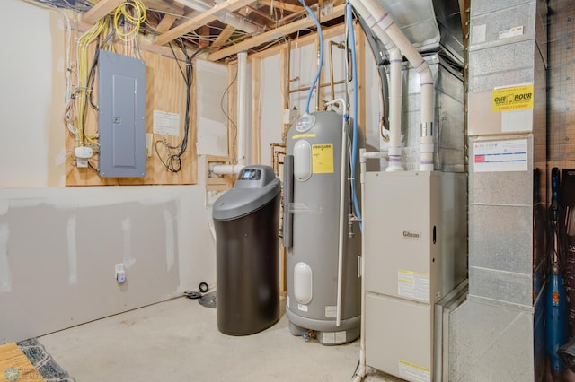 1083 Parkway Ln, West Fargo, ND 58078 - utility room featuring electric panel, water heater, and heating unit