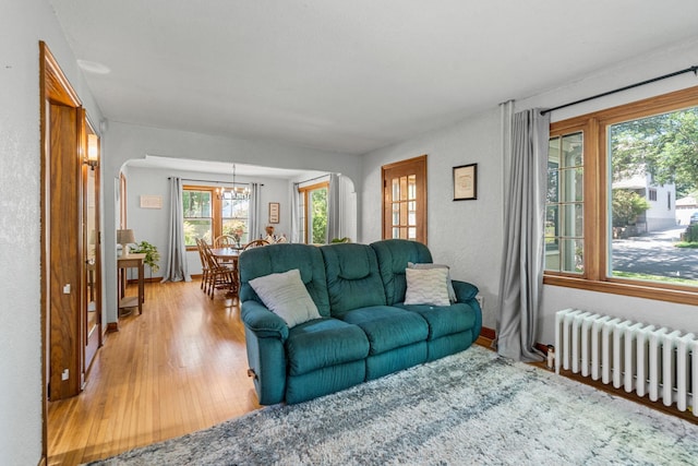 123 Franklin Ave, Owatonna, MN 55060 - living area featuring radiator, a chandelier, arched walkways, wood finished floors, and a textured wall