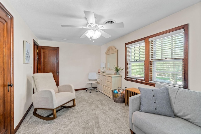 123 Franklin Ave, Owatonna, MN 55060 - living area featuring light colored carpet, a ceiling fan, and a textured ceiling