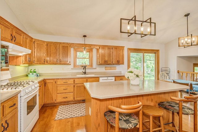 201 75th Ave N, Brooklyn Park, MN 55444 - kitchen with white appliances, vaulted ceiling, a chandelier, light wood-style floors, and a breakfast bar area