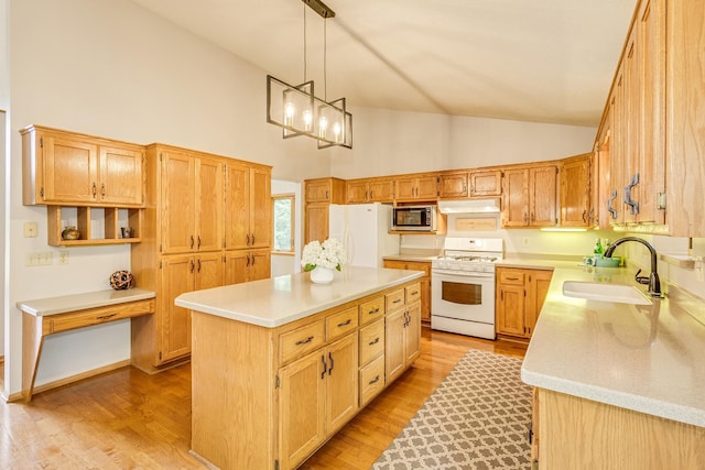 201 75th Ave N, Brooklyn Park, MN 55444 - kitchen with white appliances, high vaulted ceiling, under cabinet range hood, light countertops, and a kitchen island