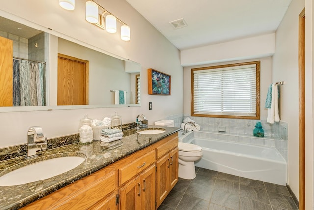 201 75th Ave N, Brooklyn Park, MN 55444 - full bathroom with double vanity, a garden tub, tile patterned floors, and a shower with curtain