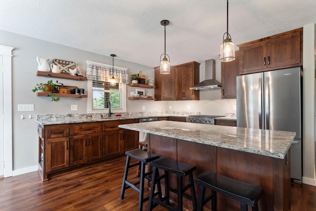 23481 Fontana St NE, Linwood Twp, MN 55079 - kitchen with wall chimney range hood, open shelves, freestanding refrigerator, dark wood-style floors, and a center island