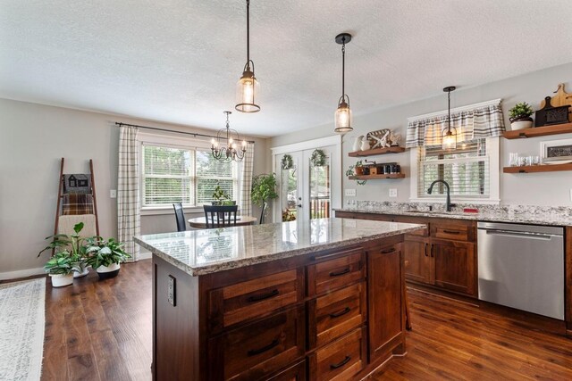 23481 Fontana St NE, Linwood Twp, MN 55079 - kitchen featuring stainless steel dishwasher, open shelves, a textured ceiling, dark wood finished floors, and light stone countertops