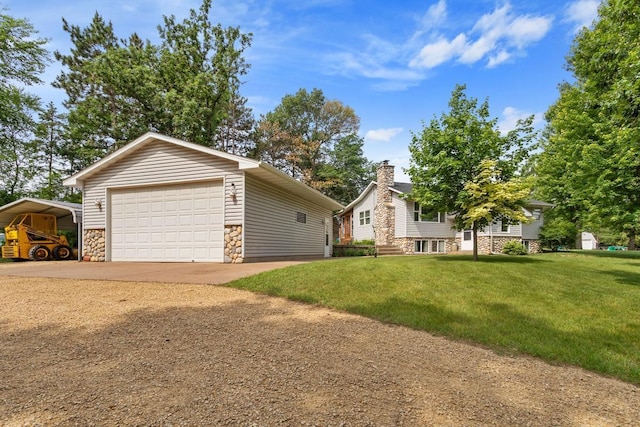23481 Fontana St NE, Linwood Twp, MN 55079 - view of front of house with a front yard, an outdoor structure, a detached garage, a chimney, and stone siding