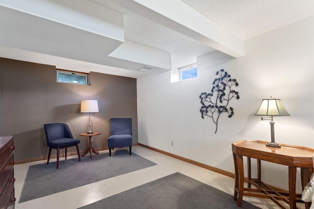 23481 Fontana St NE, Linwood Twp, MN 55079 - living area with a textured ceiling and baseboards