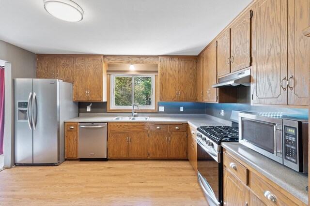 4982 148th Path W, Apple Valley, MN 55124 - kitchen with stainless steel appliances, under cabinet range hood, light wood-type flooring, and brown cabinets