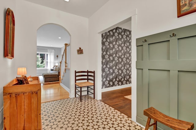 35853 Whispering Pine Way, Florence Twp, MN 55041 - corridor with arched walkways and wood finished floors