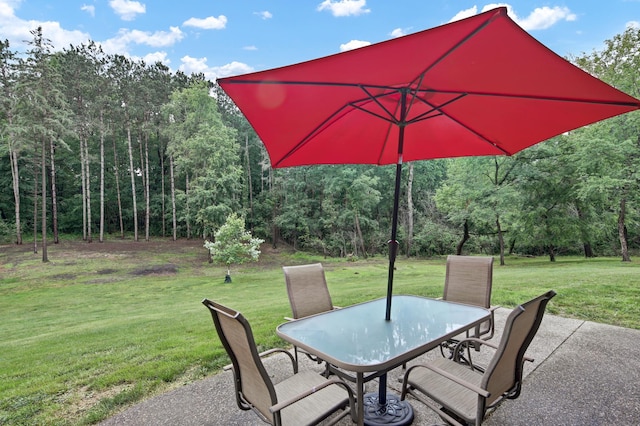35853 Whispering Pine Way, Florence Twp, MN 55041 - view of patio / terrace with outdoor dining space and a view of trees