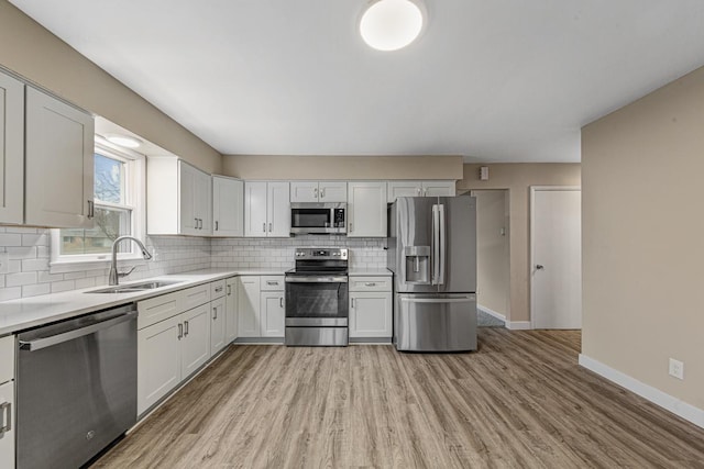 710 Jefferson St, New Ulm, MN 56073 - kitchen featuring appliances with stainless steel finishes, decorative backsplash, light wood-style floors, and light countertops