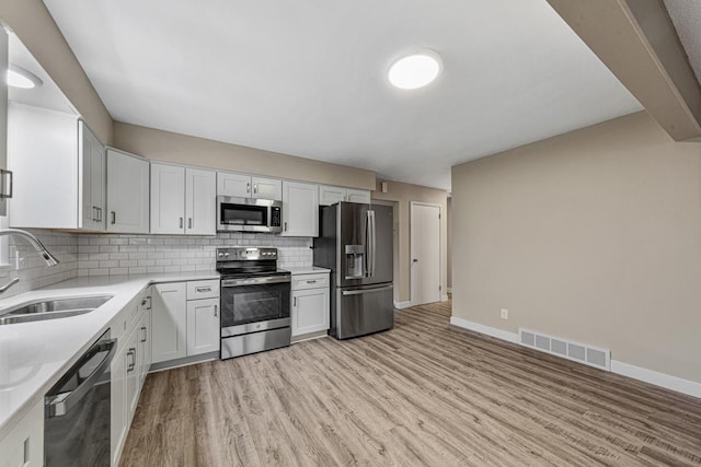 710 Jefferson St, New Ulm, MN 56073 - kitchen featuring appliances with stainless steel finishes, light wood finished floors, backsplash, light countertops, and white cabinetry