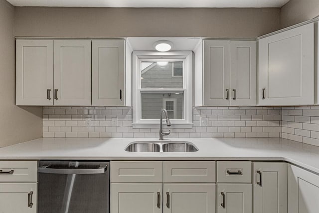 710 Jefferson St, New Ulm, MN 56073 - kitchen with stainless steel dishwasher, light countertops, backsplash, and white cabinets