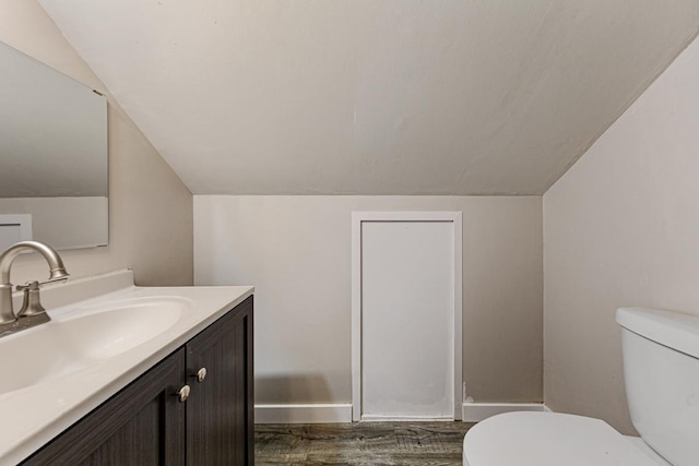 710 Jefferson St, New Ulm, MN 56073 - bathroom with vaulted ceiling, vanity, and wood finished floors