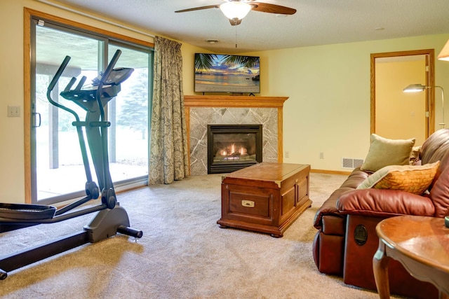13445 190th Ave NW, Elk River, MN 55330 - living room with a ceiling fan, light colored carpet, and a premium fireplace