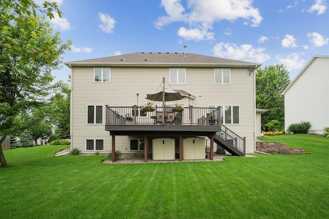 8017 Lismore Cir, Eden Prairie, MN 55347 - back of house featuring stairway, a wooden deck, and a lawn