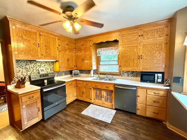 215 1st St N, Cannon Falls, MN 55009 - kitchen with appliances with stainless steel finishes, ceiling fan, decorative backsplash, and light countertops
