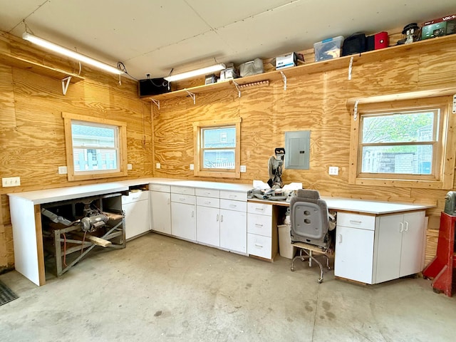 215 1st St N, Cannon Falls, MN 55009 - miscellaneous room featuring electric panel, concrete floors, a desk, wooden walls, and a workshop area