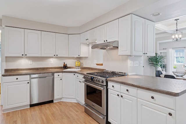 721 Smith Ave S, Saint Paul, MN 55107 - kitchen with stainless steel appliances, under cabinet range hood, light wood-type flooring, and dark countertops