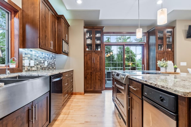 4326 Donway Dr NE, Alexandria, MN 56308 - kitchen featuring stainless steel appliances, light wood-style flooring, plenty of natural light, glass insert cabinets, and recessed lighting