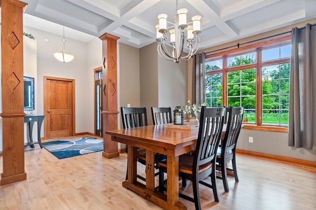 4326 Donway Dr NE, Alexandria, MN 56308 - dining room featuring a chandelier, coffered ceiling, light wood-style flooring, and beam ceiling