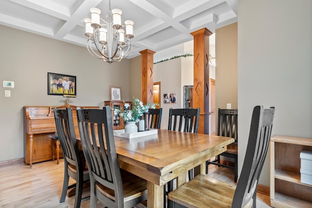 4326 Donway Dr NE, Alexandria, MN 56308 - dining room with coffered ceiling, a chandelier, light wood-style floors, beam ceiling, and decorative columns