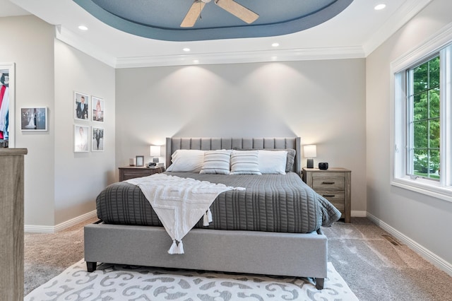 4326 Donway Dr NE, Alexandria, MN 56308 - bedroom with carpet flooring, ornamental molding, recessed lighting, and a ceiling fan