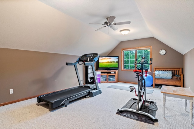 4326 Donway Dr NE, Alexandria, MN 56308 - workout room with carpet, vaulted ceiling, and ceiling fan
