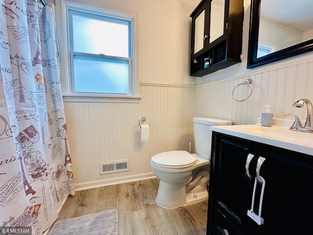 10701 6th St NE, Blaine, MN 55434 - bathroom with a wainscoted wall, wood finished floors, vanity, and a shower with shower curtain