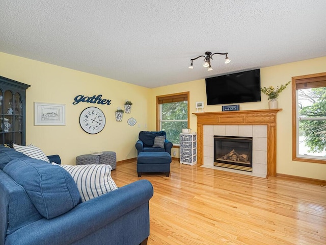 18232 Roosevelt St NW, Elk River, MN 55330 - living room featuring wood finished floors, a textured ceiling, and a fireplace