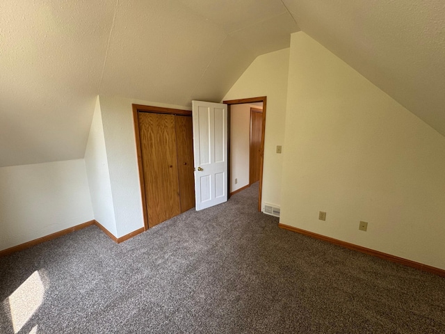 608 Duluth Ave N, Thief River Falls, MN 56701 - additional living space featuring lofted ceiling, dark carpet, and a textured ceiling