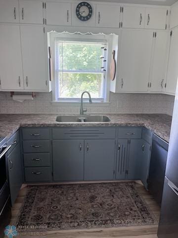 72558 209th St, Collinwood Twp, MN 55325 - kitchen featuring white cabinetry, backsplash, electric range, and light wood-style floors