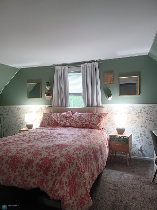 72558 209th St, Collinwood Twp, MN 55325 - bedroom with lofted ceiling, wallpapered walls, carpet floors, and a wainscoted wall