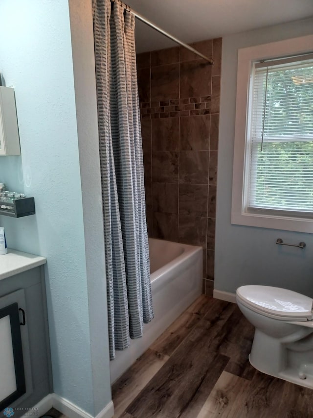 72558 209th St, Collinwood Twp, MN 55325 - full bathroom featuring wood finished floors, vanity, and shower / bath combo with shower curtain