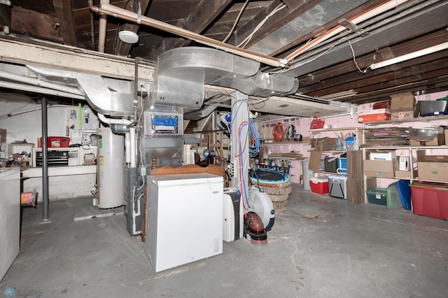 1205 11th St S, Fargo, ND 58103 - unfinished below grade area with gas water heater and refrigerator