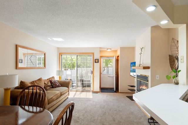 8454 Copperfield Way Unit 75, Inver Grove Heights, MN 55076 - carpeted living area with a glass covered fireplace, a textured ceiling, and recessed lighting