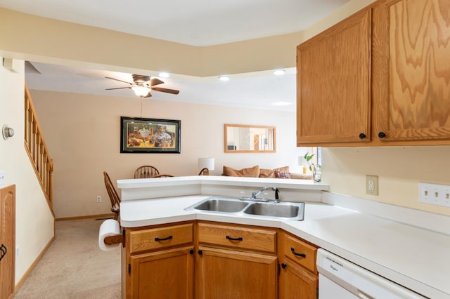 8454 Copperfield Way Unit 75, Inver Grove Heights, MN 55076 - kitchen featuring dishwasher, a peninsula, light carpet, light countertops, and recessed lighting